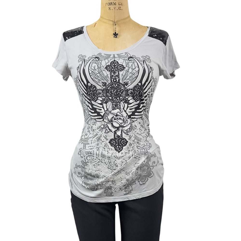 Y2K McBling Graphic Top Sequin Shoulder Ruched Side Cross Print Edgy Grunge Sz S